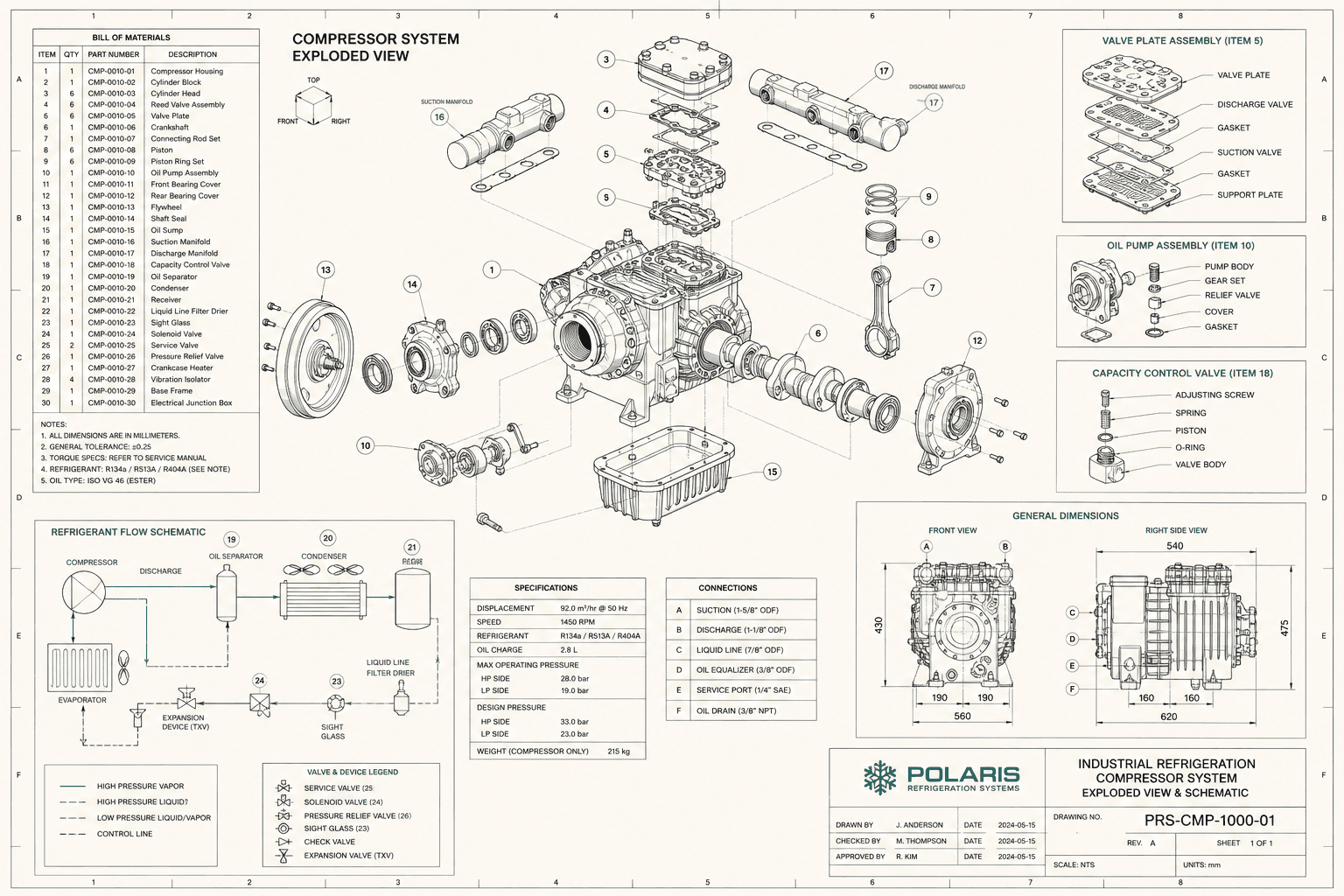 Exploded technical blueprint of a compressor system